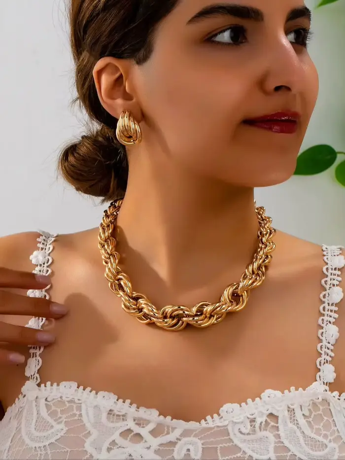 Ensemble de bijoux 3 pièces pour femme : Collier à chaîne épaisse de style bohème et boucles d'oreil