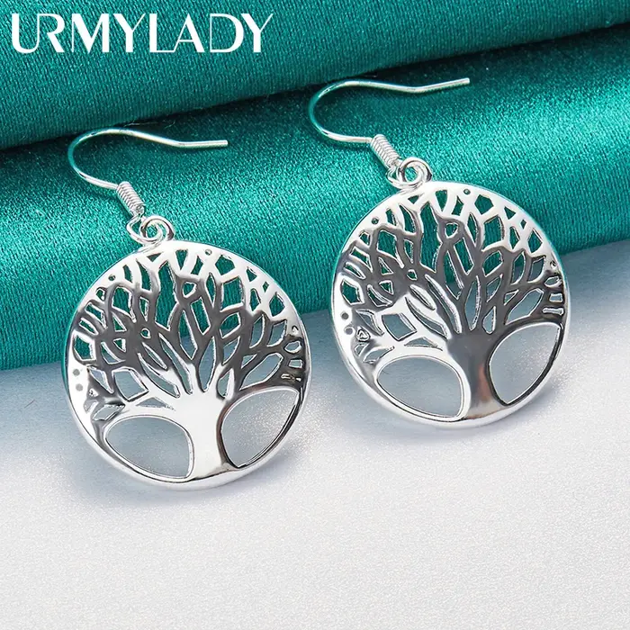 URMYLADY 925 en argent Sterling rond arbre de vie boucles d'oreilles crochet d'oreille Eardrop pour les femmes mode mariage fiançailles charme bijoux