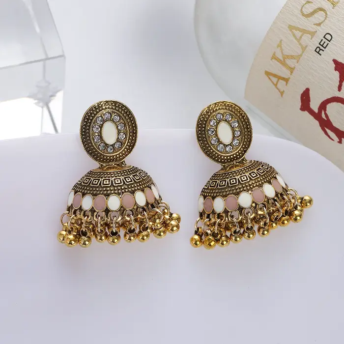 Boucles d'oreilles ethniques indiennes couleur or cloche pendantes pour dames charme multicolore cri