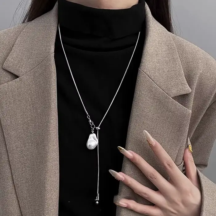 LATS – collier Long en acier inoxydable avec perles baroques pour femmes