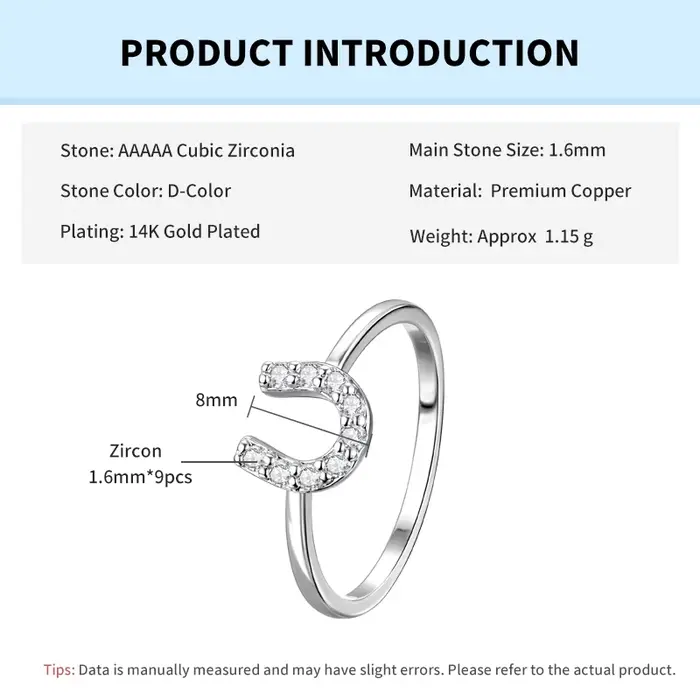 Rrjzz – bague en forme de U pour femmes, coupe ronde, diamant d'imitation créé en laboratoire, fer à