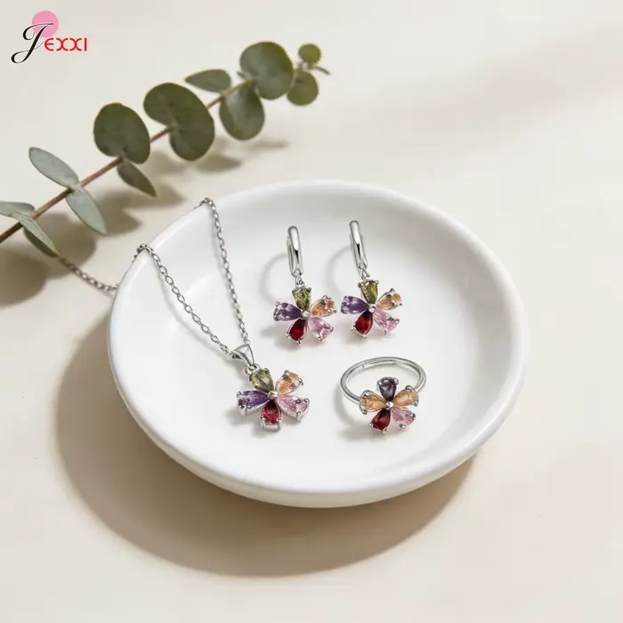 Parure de bijoux en argent sterling 925 véritable, motif floral coloré, avec pendentif fleur multi-p