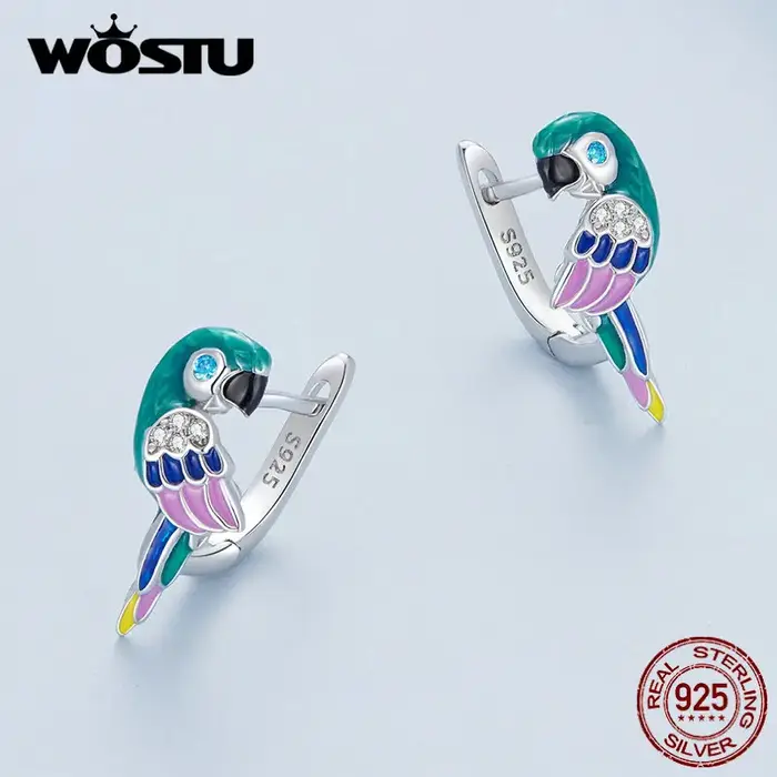 WOSTU 925 en argent Sterling arc-en-ciel perroquet boucles d'oreilles pour les femmes mignon animal de compagnie oiseau CZ oreille Clips fille anniversaire bijoux cadeau de famille