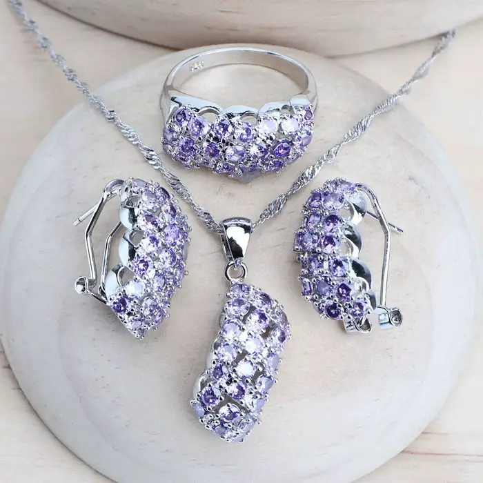 Ensemble de bijoux de mariée en argent 925, zircon violet, bijoux fins de Costume, bijoux de mariage
