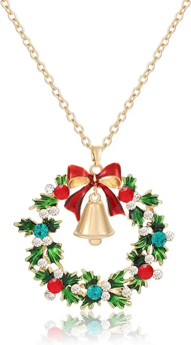 Colliers de noël pour femmes, maman, strass scintillants, couronne de noël, pendentif cloche, bijoux