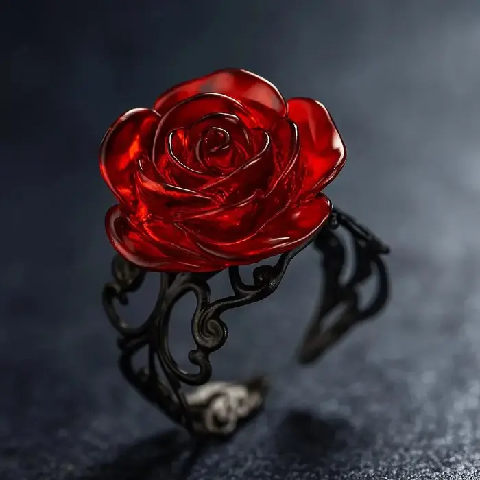 Bague Rose Rouge Gothique Punk avec Motif Vigne Noire Ornée, Design Sorcière Pagan Vintage, Bijou Cr