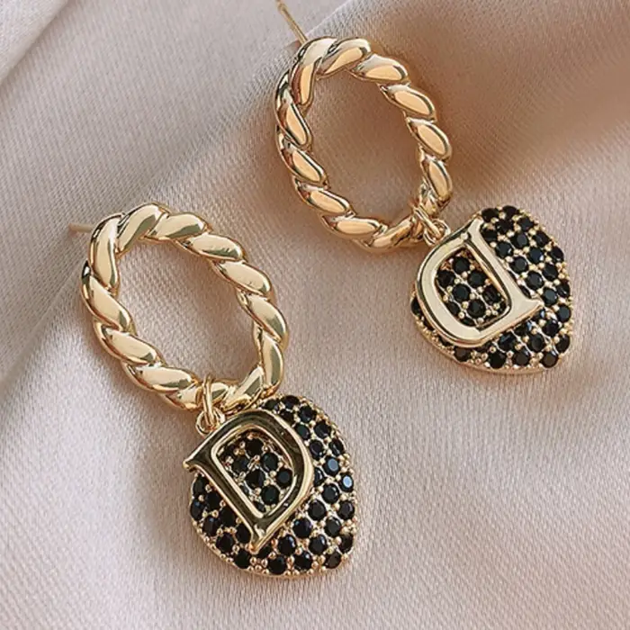 Boucles d'oreilles dorées avec lettre D, pendentif en forme de cœur en Zircon, Style Vintage, bijoux