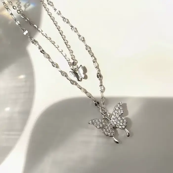 Collier papillon double couche en argent regardé S925 pour femme, accessoires de clavicule, frais, p