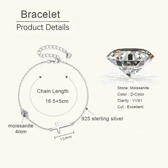 M-JAJA Moissanite croix Bracelet pour femmes S925 argent Sterling 0.3ct diamant Bracelet chaîne Brac