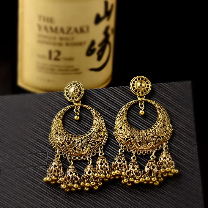 Boucles d'oreilles ethniques sculptées couleur or Jhumka Jhumki style Bohème cloche de fleur ronde pompon goutte d'eau pour femmes occasions spéciales mariage fiançailles anniversaire cadeau soirée vie quotidienne