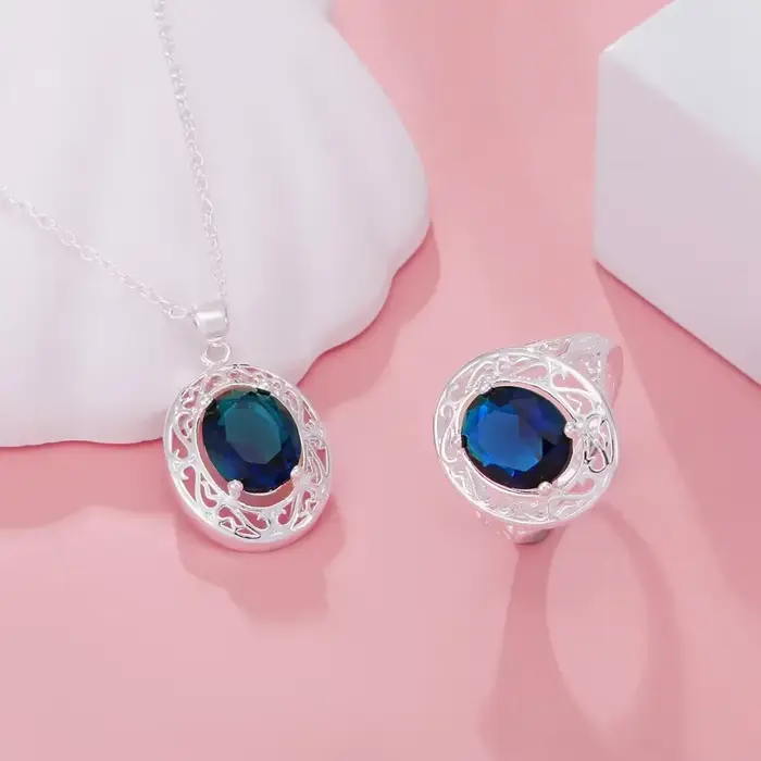 Offres spéciales 925 en argent Sterling créatif bleu cristal ovale colliers anneaux pour les femmes mode streetwear ensemble de bijoux cadeaux de mariage