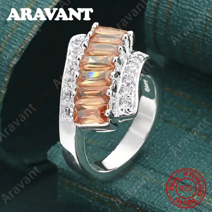Bague carrée en argent sterling 925 avec zircon orange - Accessoire quotidien pour femme, bijou simp