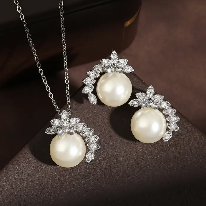 ZAKOL brillant rond imitation perle collier boucles d'oreilles ensemble pour les femmes mode cubique zircone mariage bijoux accessoires