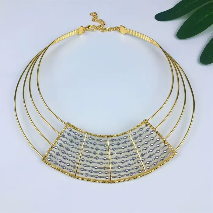 Ensemble de bijoux géométriques deux tons pour femmes, 4 pièces, collier épais, boucles d'oreilles, Bracelet, bague, cadeaux de fête de mariage