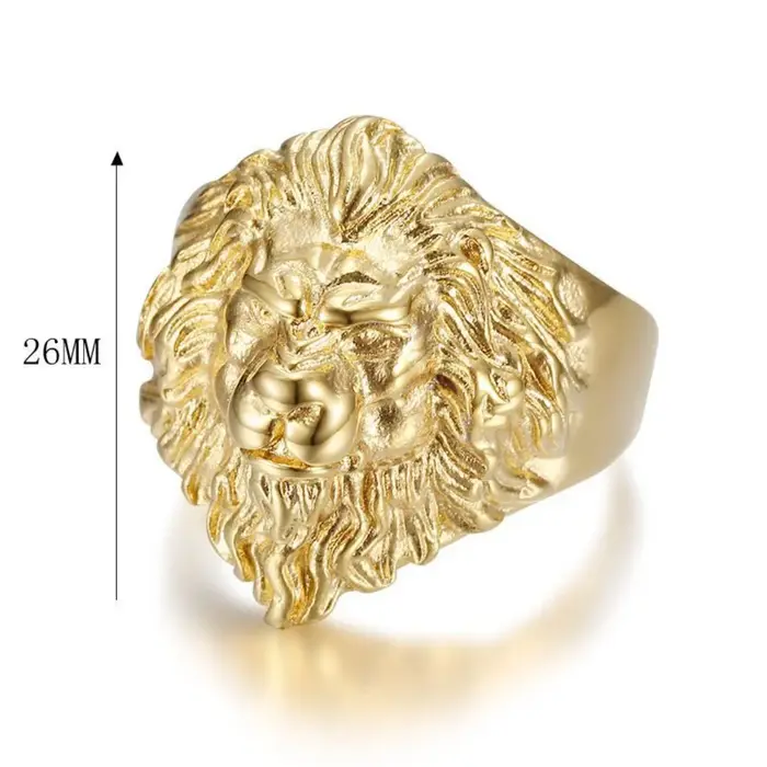 Bague Tête de Lion pour Homme 26mm en Acier Inoxydable Titane Couleur Or Massif Punk Style Grande Bagues Animaux Occasions Spéciales