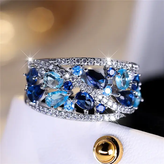 Bague de luxe en pierre de Zircon bleu pour femme, couleur argent, tendance, fiançailles, mignon, bi