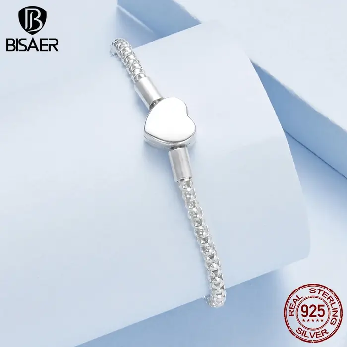 BISAER réel 925 en argent Sterling coeur Bracelet de base amour étoilé Bracelets pour femme breloques perles bricolage bijoux fins EFB209
