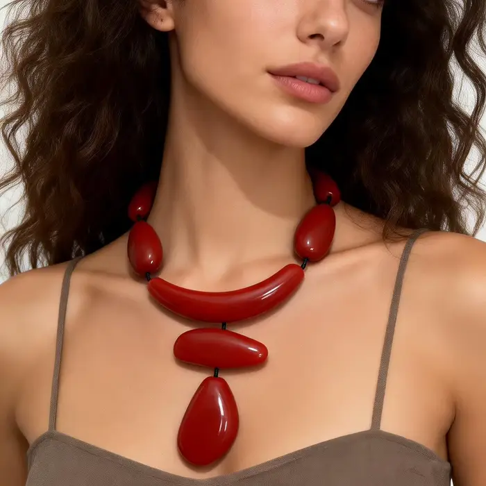 Collier bib rouge à grosses perles pour femme, réglable, avec cordon noir, pendentif audacieux en résine, style bohème, bijoux tendance