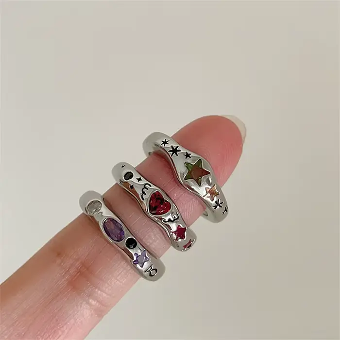 Kpop – bagues étoiles en Zircon coloré pour femmes, anneau métallique irrégulier, rétro, Index, bijoux esthétiques, accessoires Hip Hop pour filles