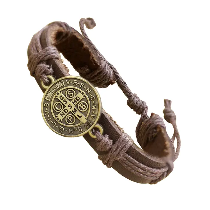 Bracelets en cuir avec médaille de Saint benoît, religieux catholique, manchette, mode hommes, acces