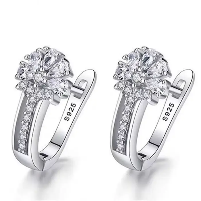 Bijoux fins 925 boucles d'oreilles en argent Sterling incrustées de Zircon cristal fleur