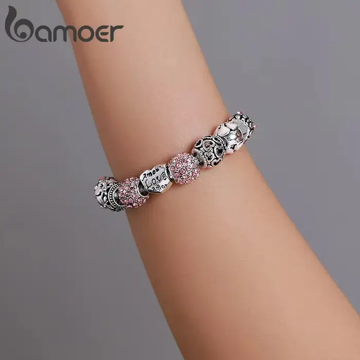 BAMOER – Bracelet à breloques plaqué argent avec perles d'amour et de fleurs