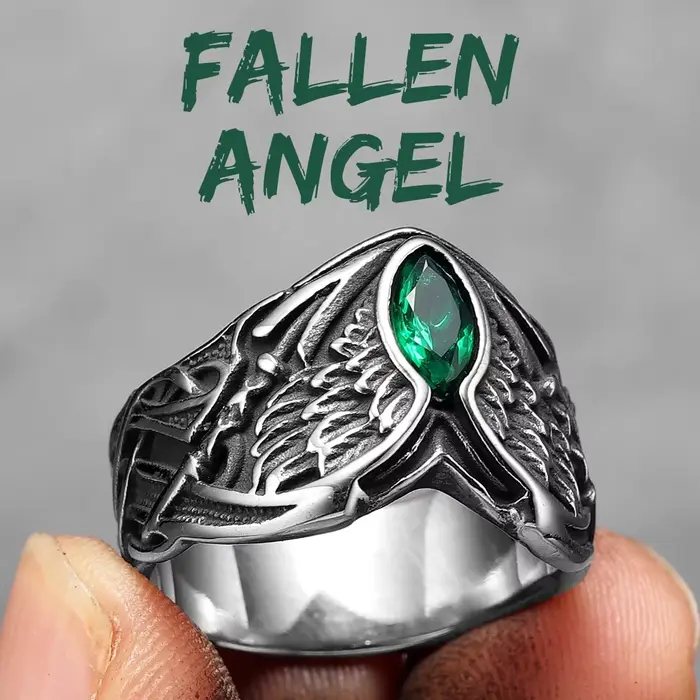 Fallen Angel Wings Gems Stone Rings pour hommes et femmes, acier inoxydable, rétro punk rock gothiqu