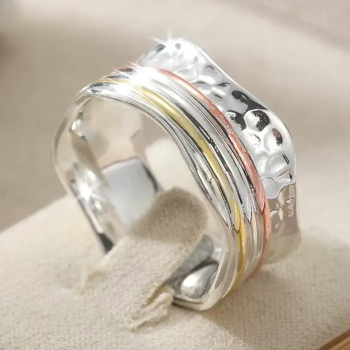 Bague large minimaliste sculptée à la main pour femme, en métal tricolore, géométrique, pour usage q