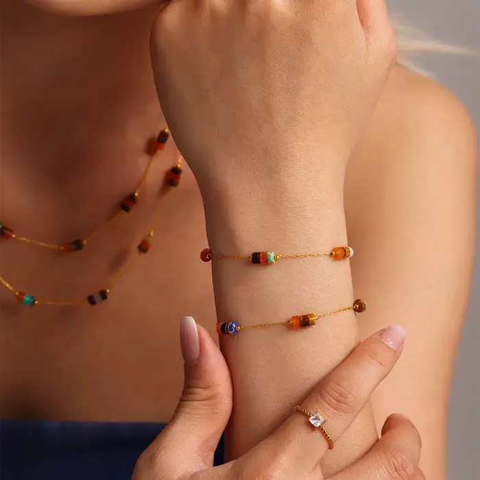 Collier et Bracelet Ethnique avec Pierres Naturelles Plaquées Or 18 Carats Pour Femmes Occasions Spéciales