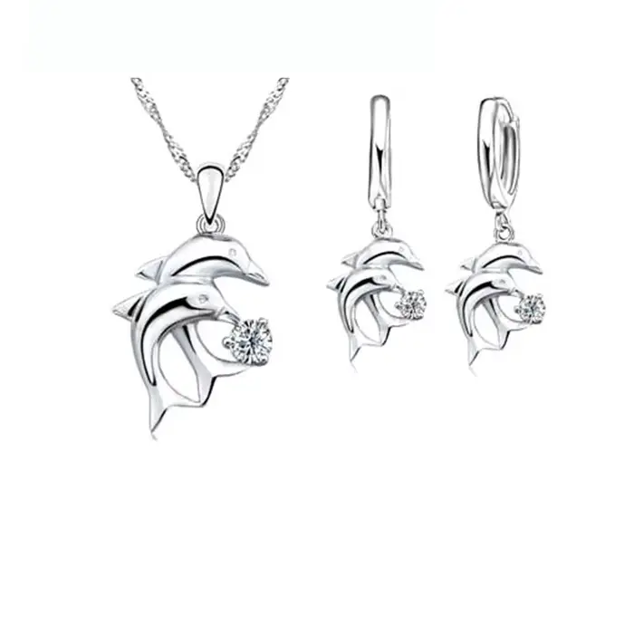 Ensemble de bijoux de mariée couleur argent Sterling 925, colliers en cristal Design dauphin, boucle