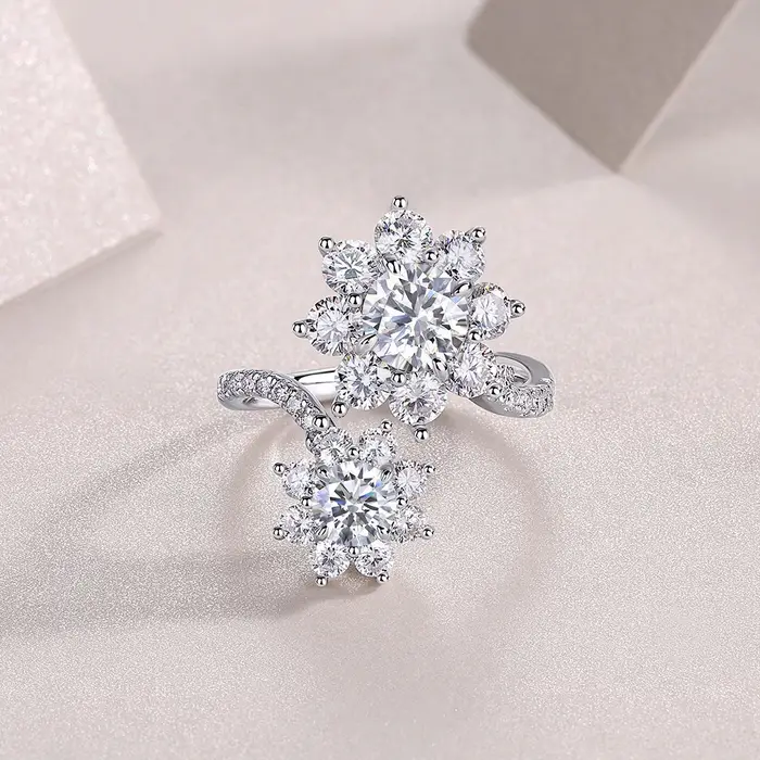 BXINY luxe complet Moissanite anneaux S925 argent pour les femmes Double soleil fleurs réglable fiançailles bandes de mariage cadeau bijoux GRA