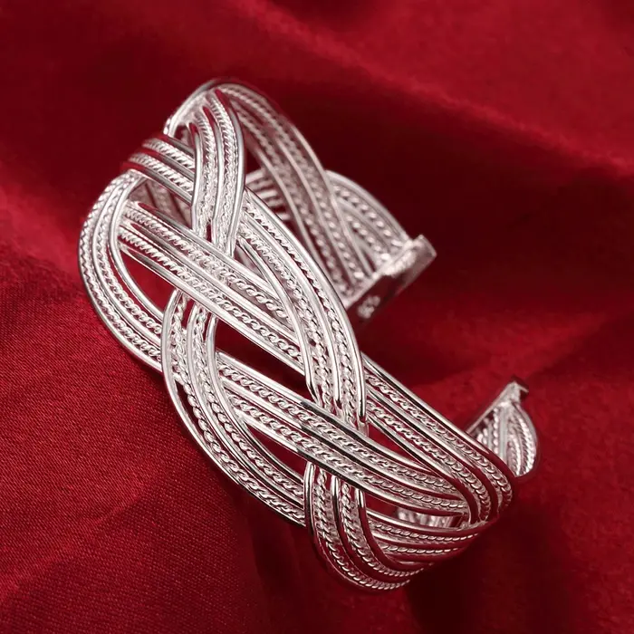 Bracelet ouvert tressé en argent Sterling 925 pour femmes