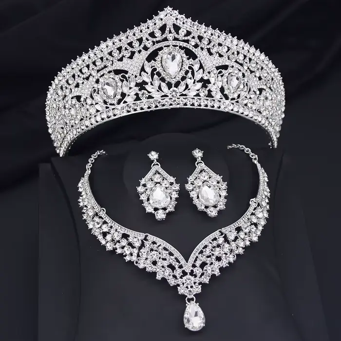 Ensemble de bijoux couronne de mariée princesse pour femmes, diadèmes et collier, boucles d'oreilles, accessoire de bijoux pour bal de promo, mariage, anniversaire