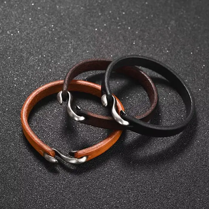 Bracelet rétro en cuir véritable pour homme et femme, bijou classique à crochets, couleur noir, marron, Orange, idéal comme cadeau