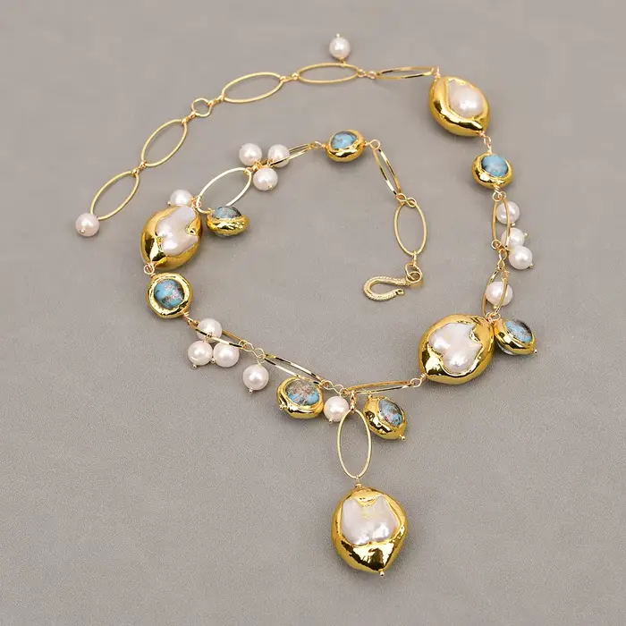 G-G Culture D'eau Douce Blanc Keshi Perle Baroque Dent Mabe Perle Bleu Verre De Murano Collier Fait 