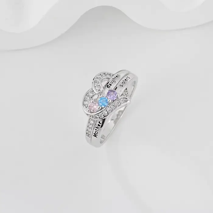 Bague Cœur Mère-Fille-Sœurs, plaquée argent 925 avec 3 pierres de zircon colorées, bijou gravé symbo