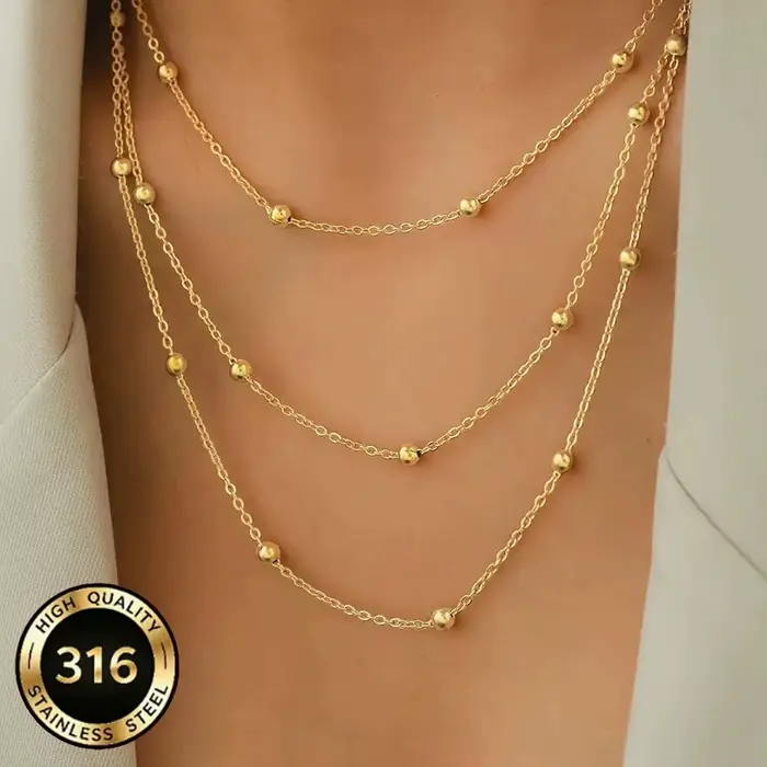 Collier bohème élégant à trois couches en acier inoxydable avec perles rondes, collier de clavicule 