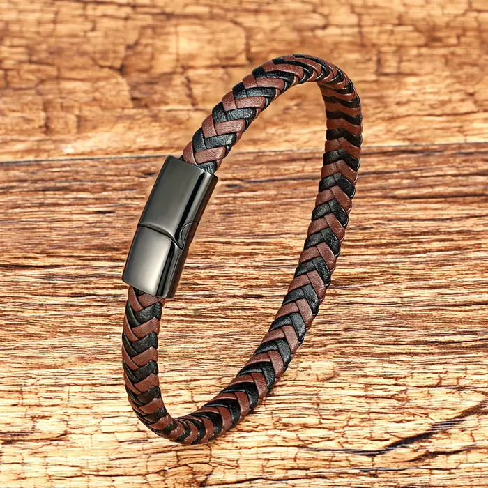 Bracelet tressé en cuir enveloppant bleu marron classique, breloque avec fermoir en acier inoxydable
