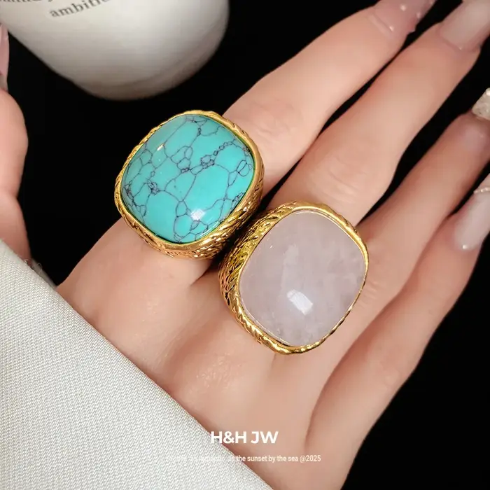 Bague carrée vintage rose et verte