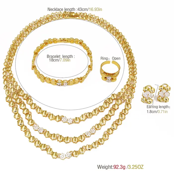 Ensemble de bijoux doré pour femmes collier boucles d'oreilles bague bracelet mode occasions spéciales