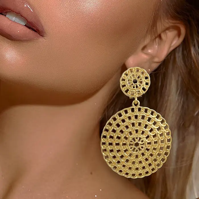 Boucles d'oreilles pendantes rondes plaquées or 18 carats pour femmes, bijoux tendance, accessoires de fête de mariage, document en or, mode, livraison gratuite