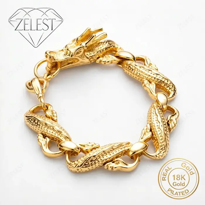 Bracelet tête de dragon exquis en argent sterling 925 plaqué or 18 carats, 8 pouces, pour hommes et 
