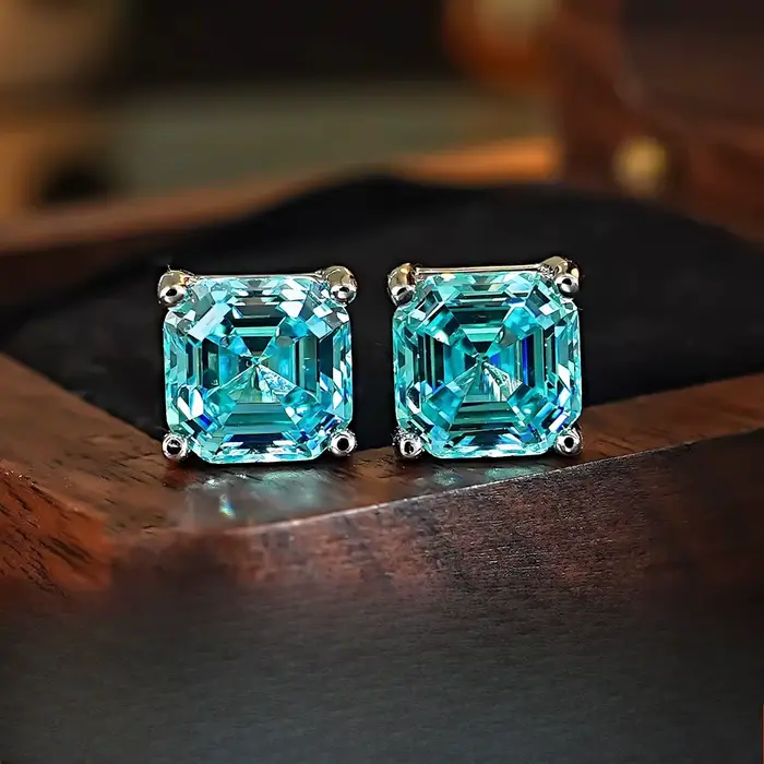 Boucles d'oreilles en argent 925, zircon bleu mer de 7mm, Asche Pagoda, petit carré, bonbon, petites