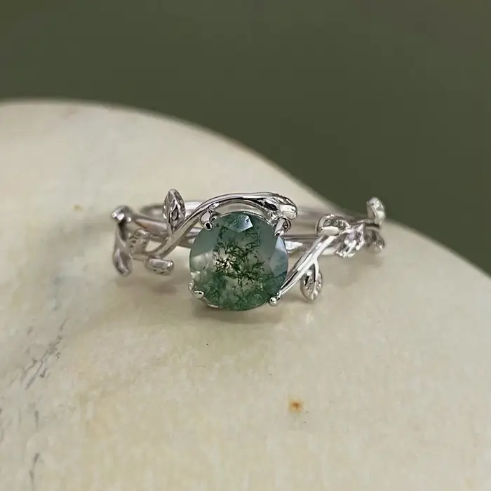 Bague musgo vert en argent 925 avec pierre d'agate d'herbe d'eau, accessoire de bijoux Unique et élé