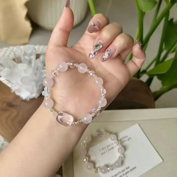 Bracelet en quartz rose naturel/quartz clair à brin unique pour femmes