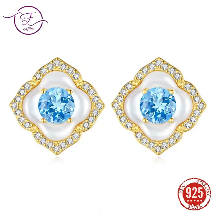 Boucles d'oreilles vintage en argent sterling S925 et nacre, pierres précieuses naturelles, style palace et luxueux, bijoux pour femmes occasions spéciales