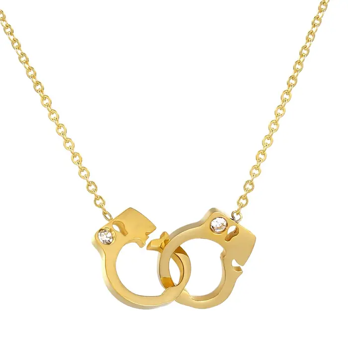Nouvel Arrivage Collier Pendentif Femme en Acier Titane de Haute Qualité avec Motif Menottes et Cristaux Incrustés