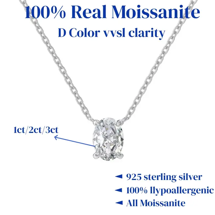 Collier pendentif solitaire en Moissanite de 1/2/3 carats, coupe ovale, avec certificat, chaîne en d