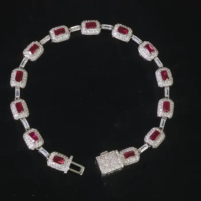 Bracelet Hip Hop 7MM en pierres précieuses rouges pour femmes, bracelet en laiton et zircon scintill