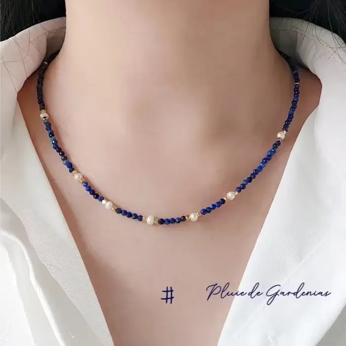 Minar Boho-Collier en Lapis Lazuli Bleu Marine pour Femme, Pierre Naturelle, Perles d'Eau Douce, Ras du Cou en Cuivre Plaqué Or 14K
